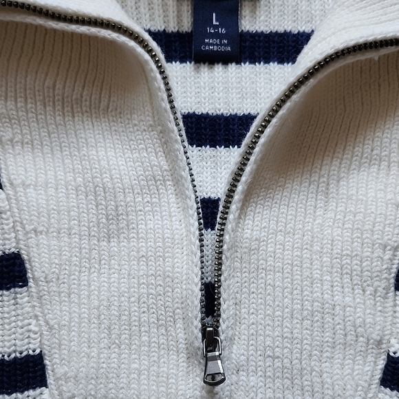 Land's End Cotton 1/4 Zip Navy and White Stripes Women's Sweater Size L - Picture 3 of 8